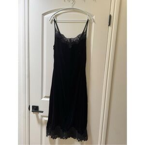 Elegant Black Lace Trim Velvet Slip Dress